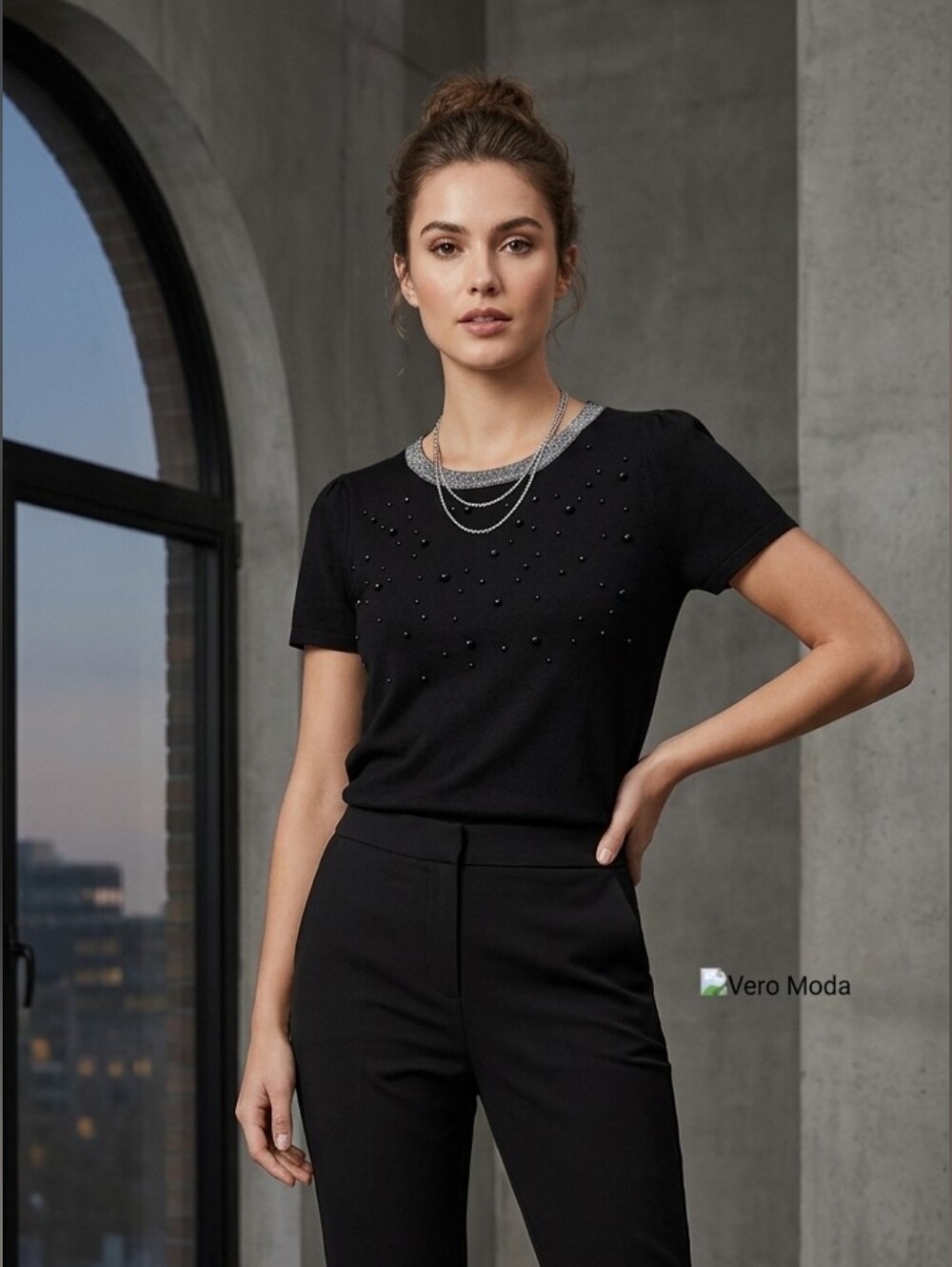 Vero Moda Knit Black Embellished Metallic Trim Short Sleeve Top M